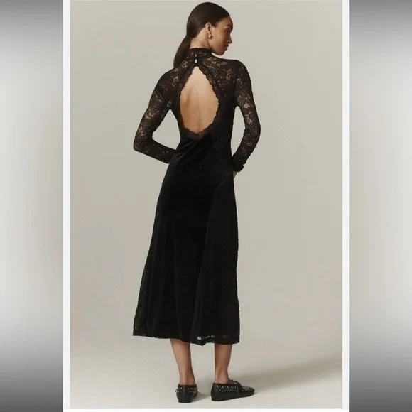 Anthropologie Black Lace and Velvet Midi Dress - Picture 4 of 10